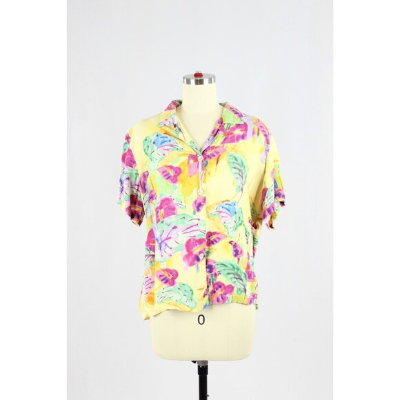 Vintage 90's JAMS WORLD Yellow Floating Garden Twill Camp Shirt Blouse, Size M - Picture 1 of 13